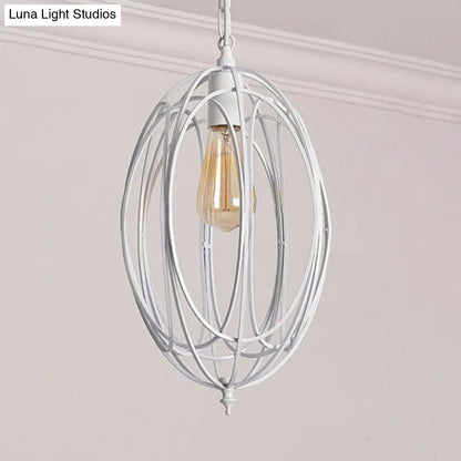 Retro Oval Pendant Light with Metallic Cage Shade - Black/White - Living Room Ceiling Lamp