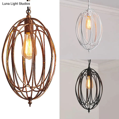 Retro Oval Pendant Light with Metallic Cage Shade - Black/White - Living Room Ceiling Lamp