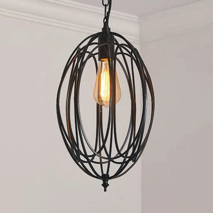 Retro Oval Pendant Light with Metallic Cage Shade - Black/White - Living Room Ceiling Lamp