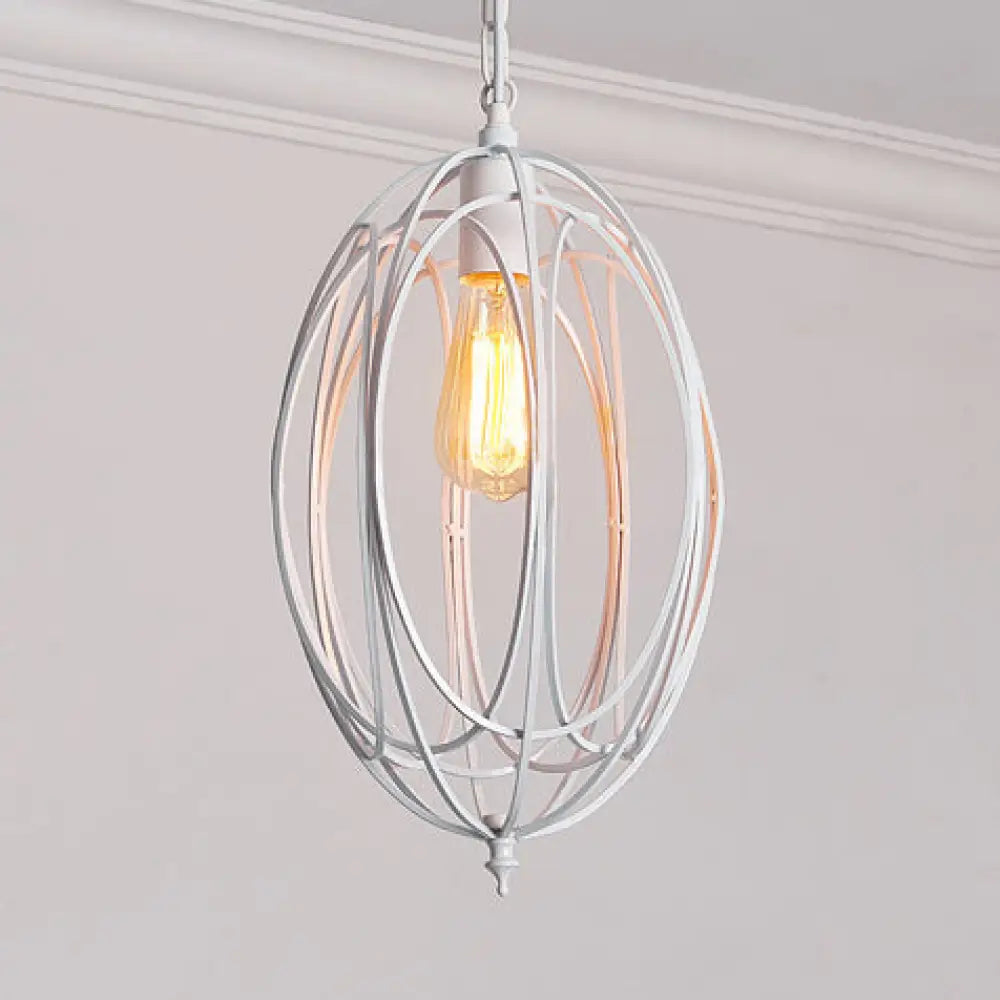 Retro Oval Pendant Light with Metallic Cage Shade - Black/White - Living Room Ceiling Lamp