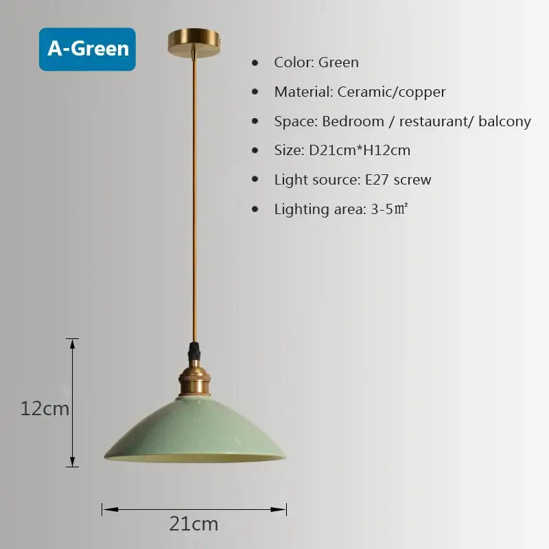 A sleek mint-green ceramic pendant light with a copper decorbites brass chandelier frame for dining room decor