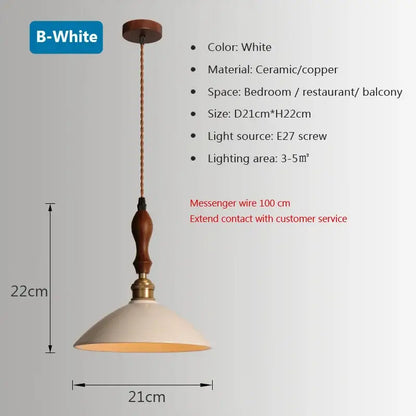 White ceramic pendant light with copper stem and wooden top suspended by 100cm wire decorbites brass chandelier light