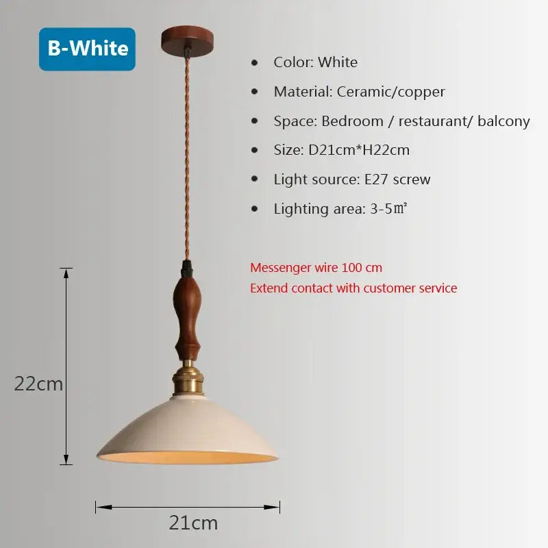 White ceramic pendant light with copper stem and wooden top suspended by 100cm wire decorbites brass chandelier light