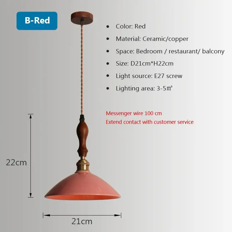 Red ceramic pendant light with copper metal stem and wooden top suspended by 100cm wire for decorbites brass chandelier light
