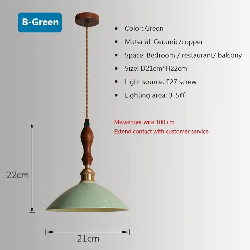 Green ceramic pendant light with wooden top and copper brass chandelier light suspended by 100cm messenger wire for dining room