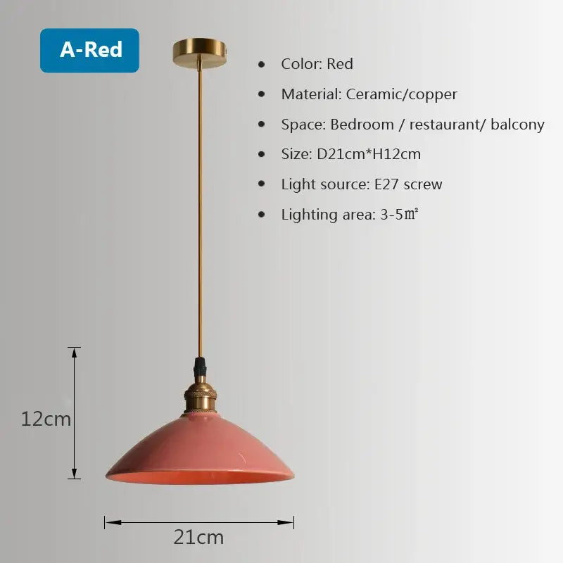 Red ceramic and copper pendant light with conical shade and brass-finished rod decorbites brass chandelier light