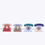 Four pastel and vibrant retro mechanical telephone kitchen timers with matching bases for decorbites cute telephone use