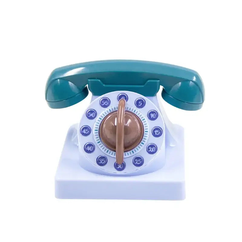 Teal plastic rotary telephone with white base blue dial retro pastel mechanical cute telephone kitchen timer 60 minute wind up