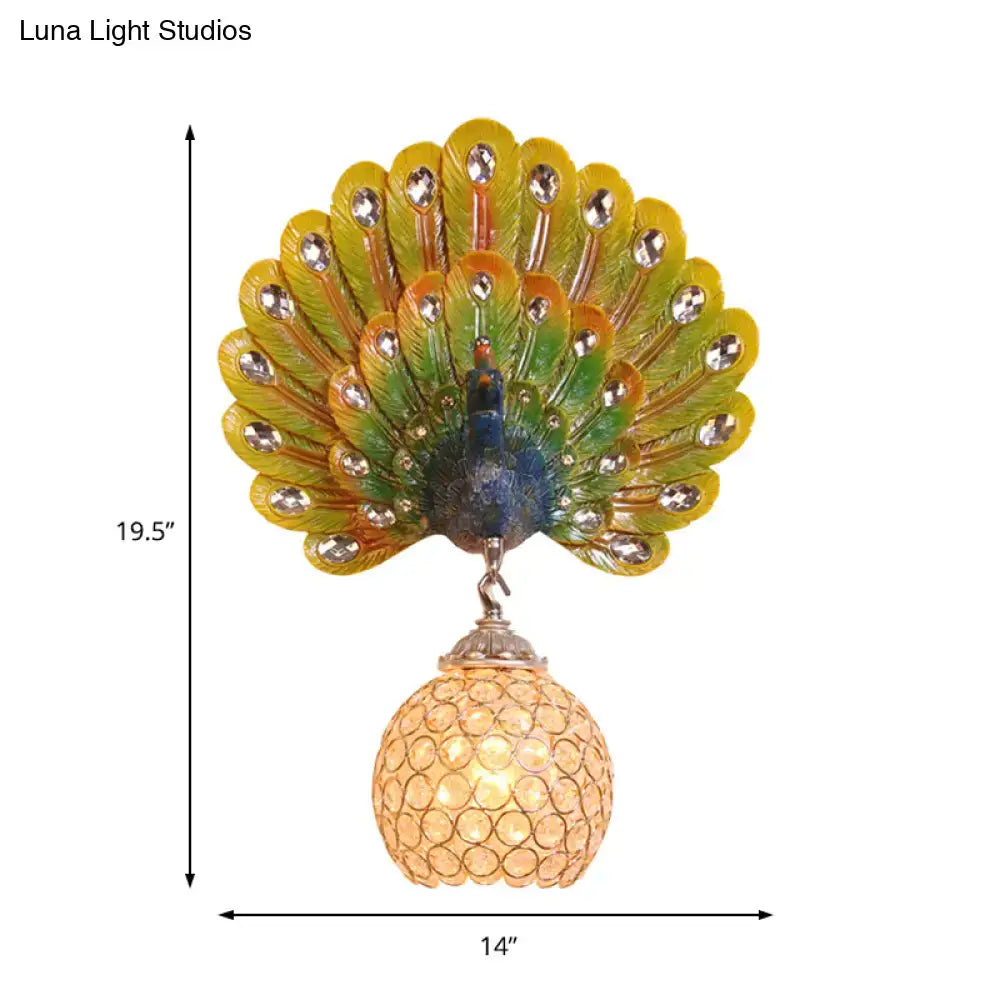 Retro peacock silver and white wall lamp with clear crystal and e26 e27 socket featuring vibrant peacock feathers