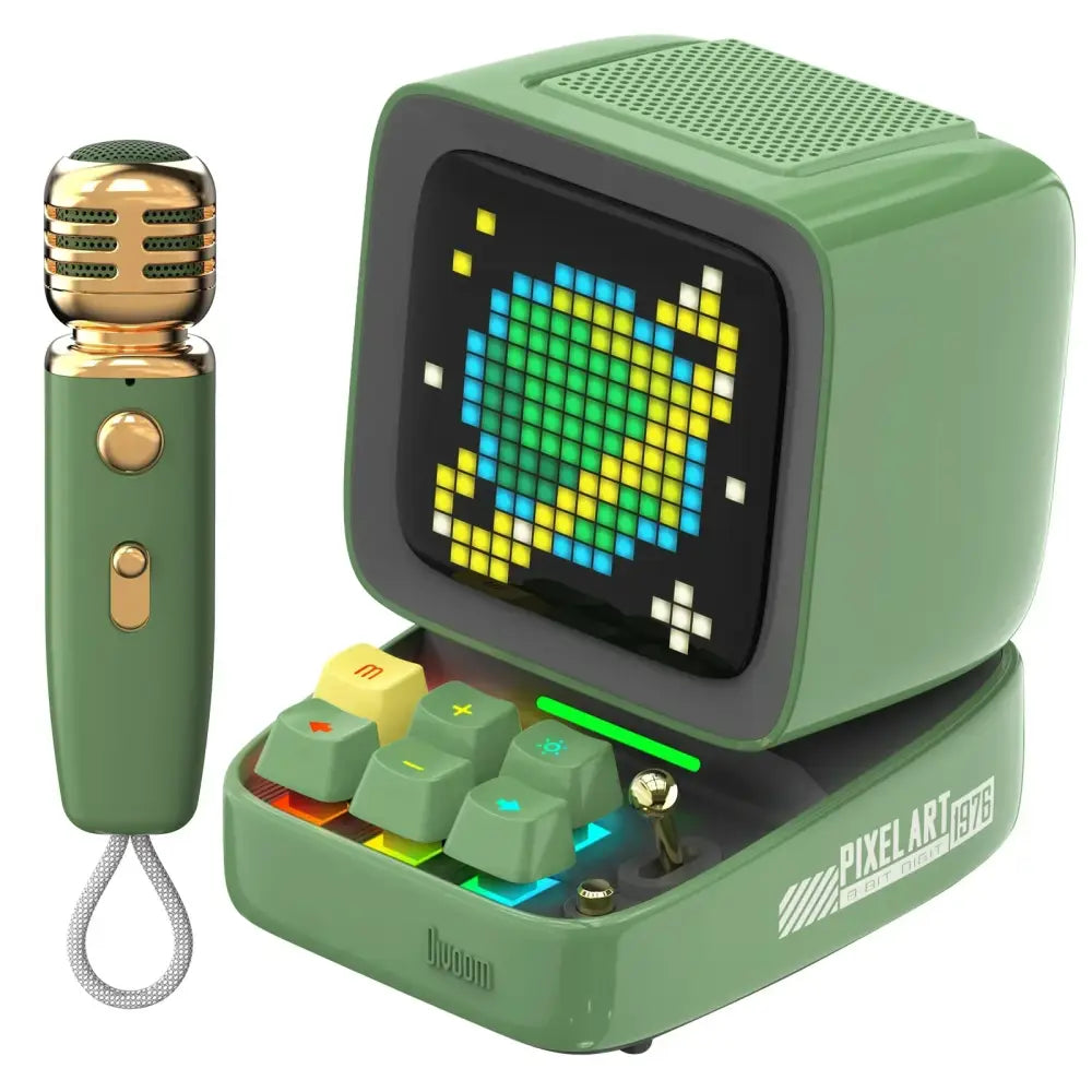 Olive green retro-style bluetooth speaker with pixelated screen and colorful keys with matching ditoo-mic bluetooth speaker
