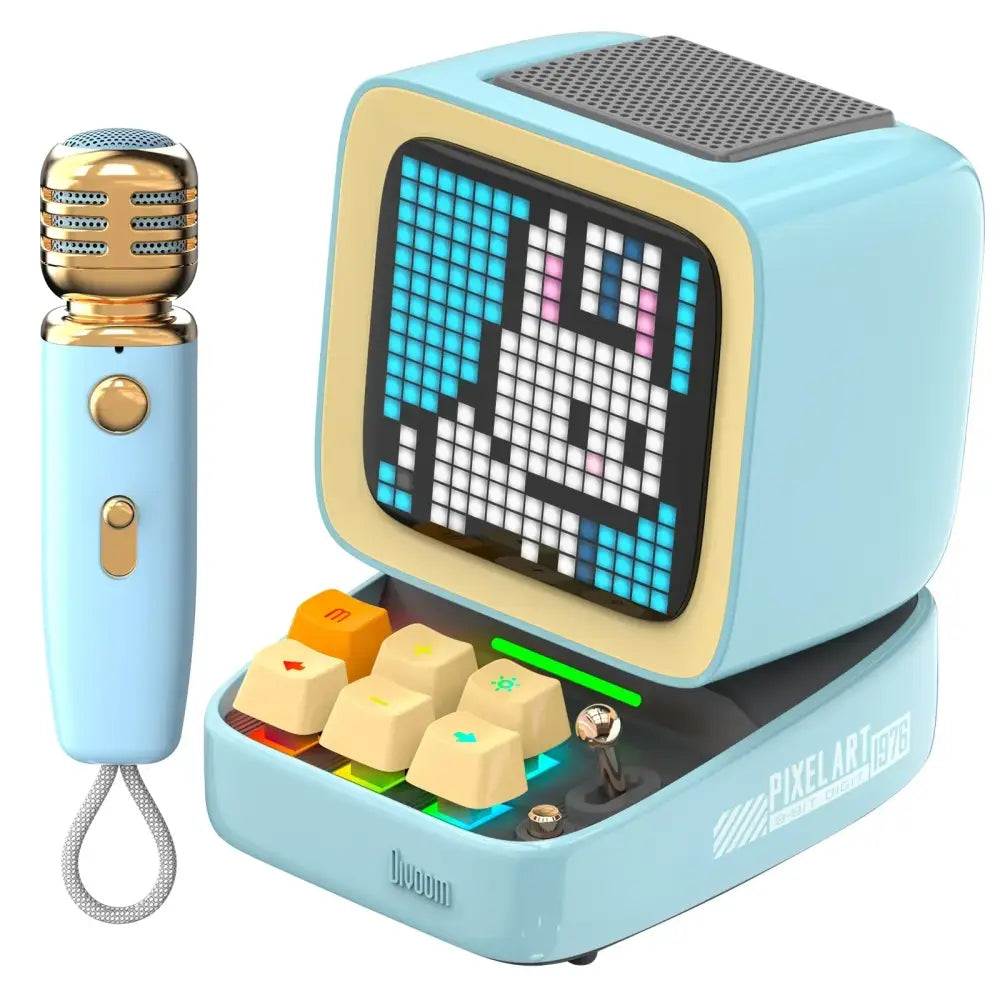 Retro pink bluetooth speaker with karaoke microphone featuring light blue retro computer design and ditoo-mic sound modes