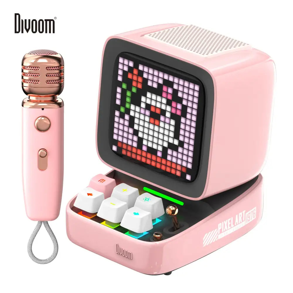 Retro pink bluetooth speaker with ditoo-mic bluetooth speaker karaoke microphone and pixel art sound modes