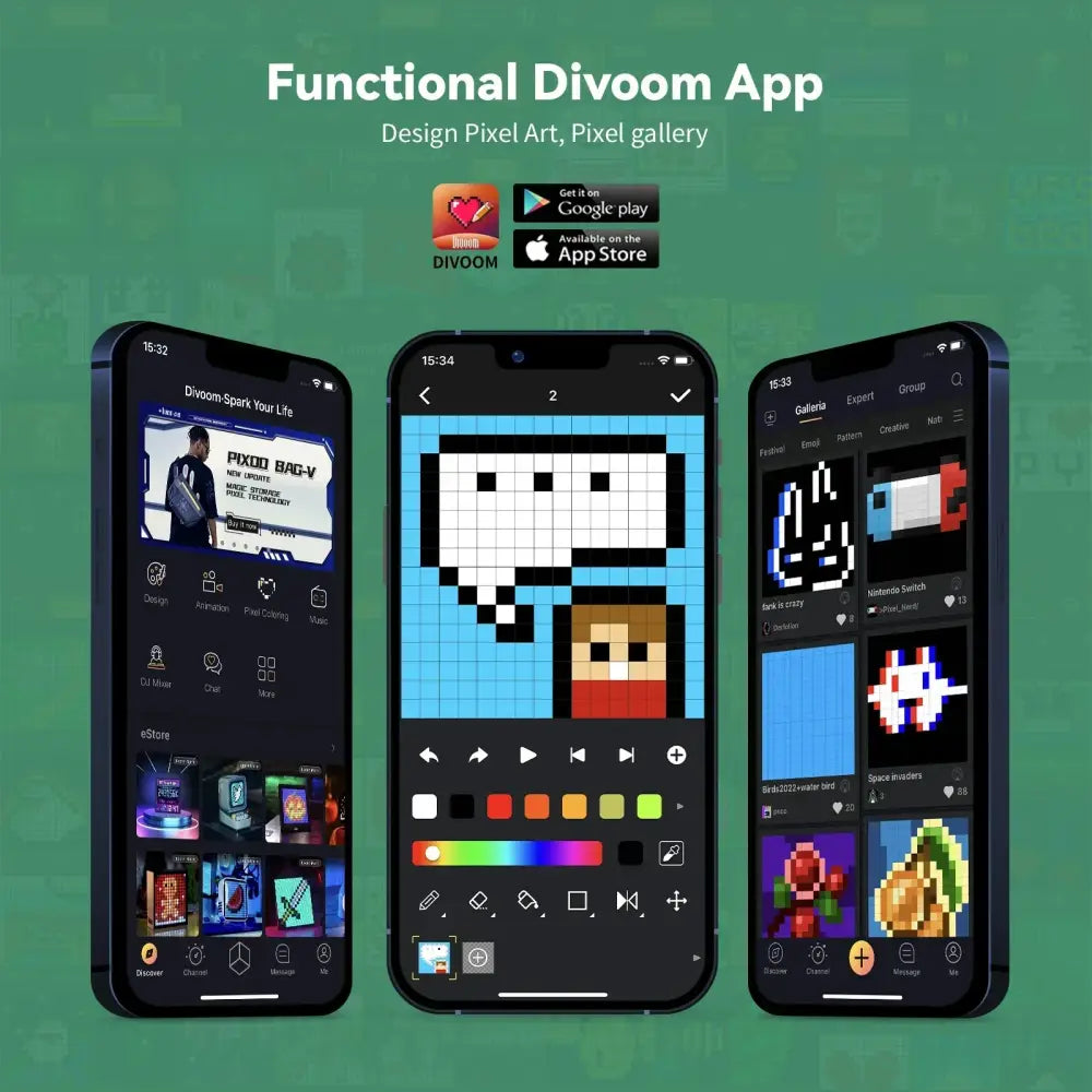 Pixel art design app interface displayed on three smartphones featuring retro pink bluetooth speaker with ditoo-mic sound modes