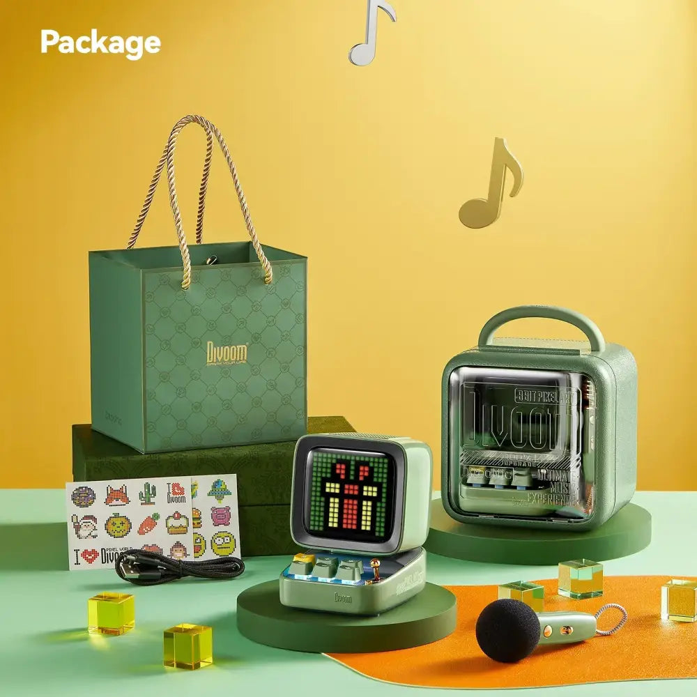 Mint green retro-style bluetooth speaker with pixelated led screen and vintage cassette design for sound modes