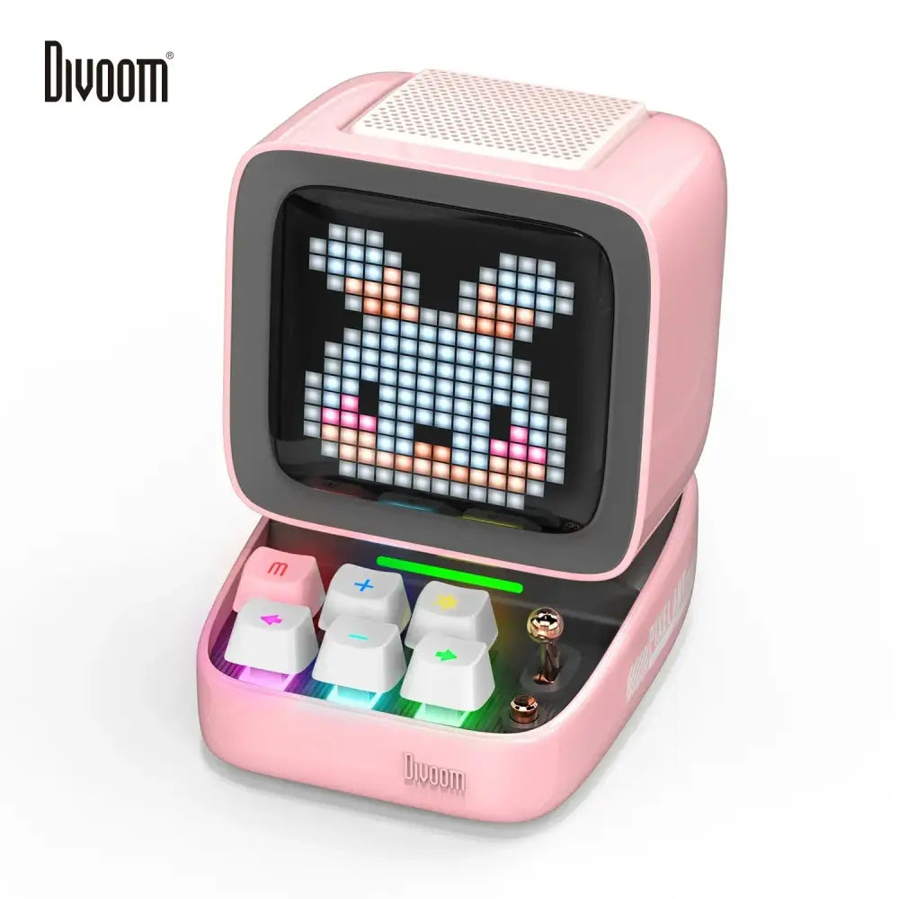 Retro pink pixel art alarm clock speaker with pixelated rabbit display and colorful illuminated keys for bedroom decor