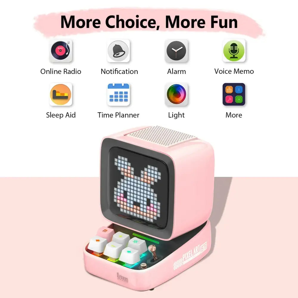 Retro pink pixel art alarm clock speaker with pixelated rabbit display and colorful keyboard keys for bedroom decor