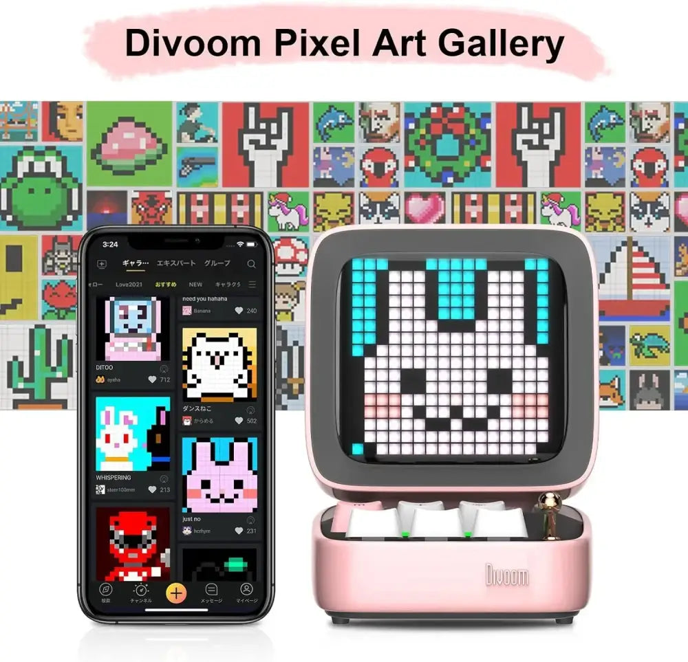 Retro pink divoom pixel art game bluetooth speaker music box with pixelated rabbit face and white keys inside