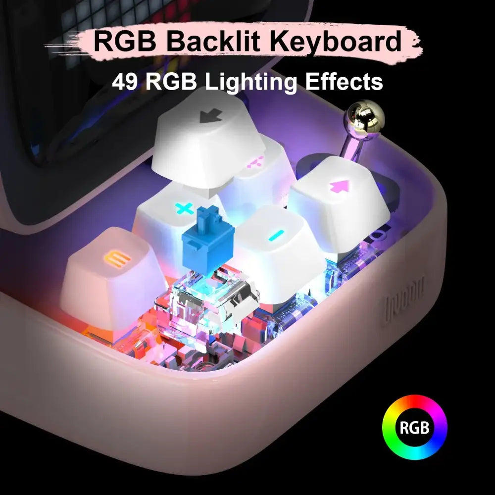 A sleek compact rgb backlit keyboard with white keycaps and metallic media knob for retro pixel game alarm clock led light setup