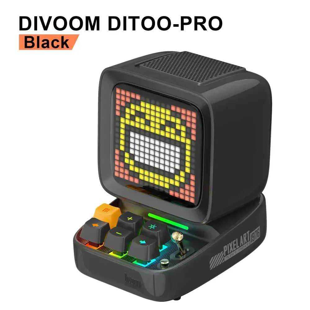 Black divoom ditoo-pro pixel art speaker with retro computer design led light and small keyboard alarm clock