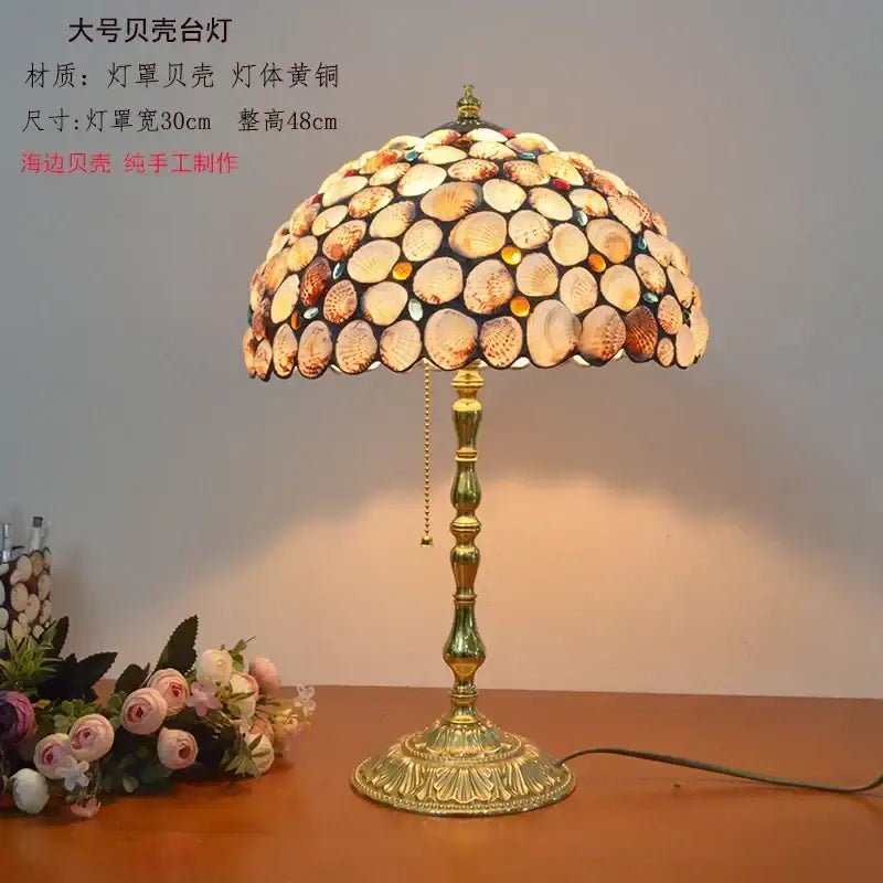 Retro pink stained glass brass desk lamp with a seashell dome shade and ornate brass base perfect for decorbites brass desk lamp