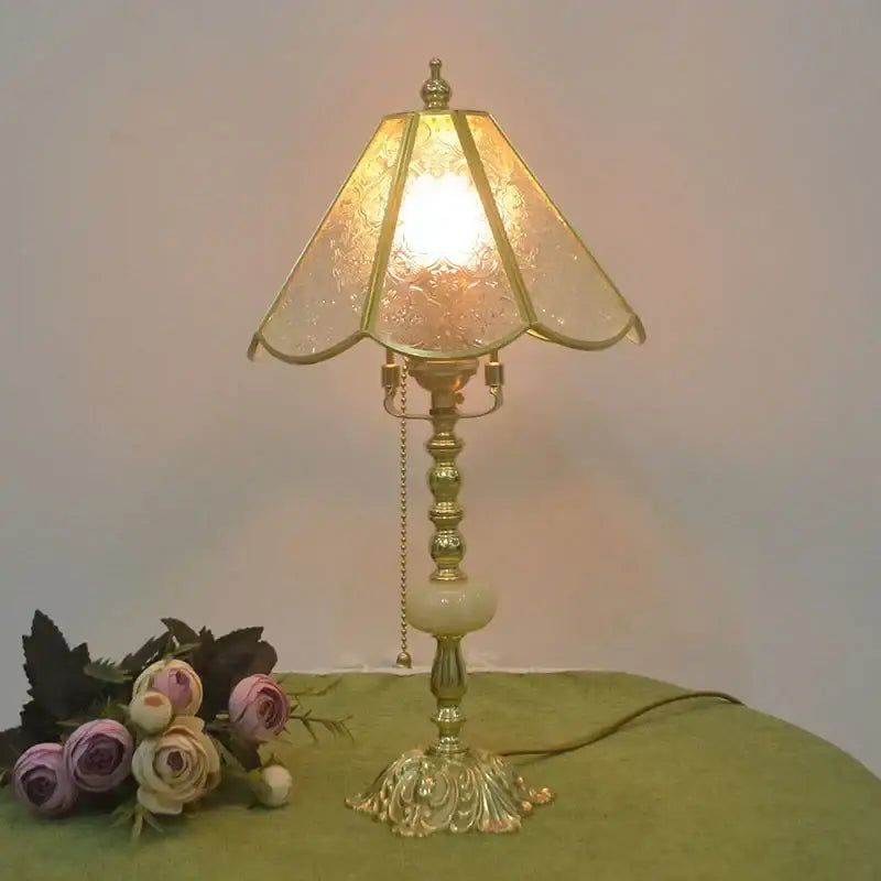 Retro pink stained glass brass desk lamp with frosted floral shade and ornate fluted base for vintage bedroom decorbites brass desk lamp