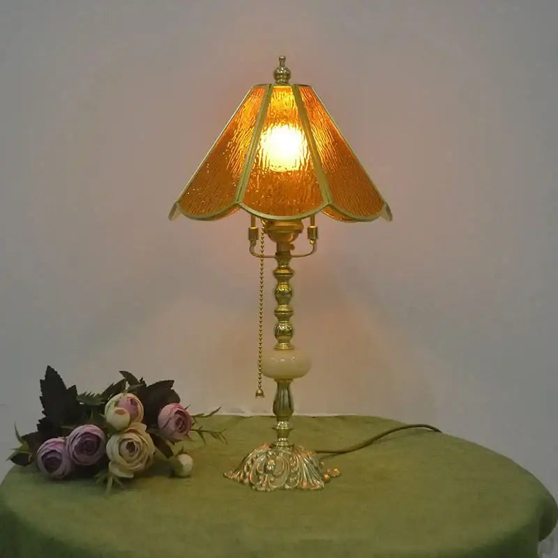 Retro pink stained glass brass desk lamp with textured amber glass shade and ornate base for vintage decorbites brass desk lamp