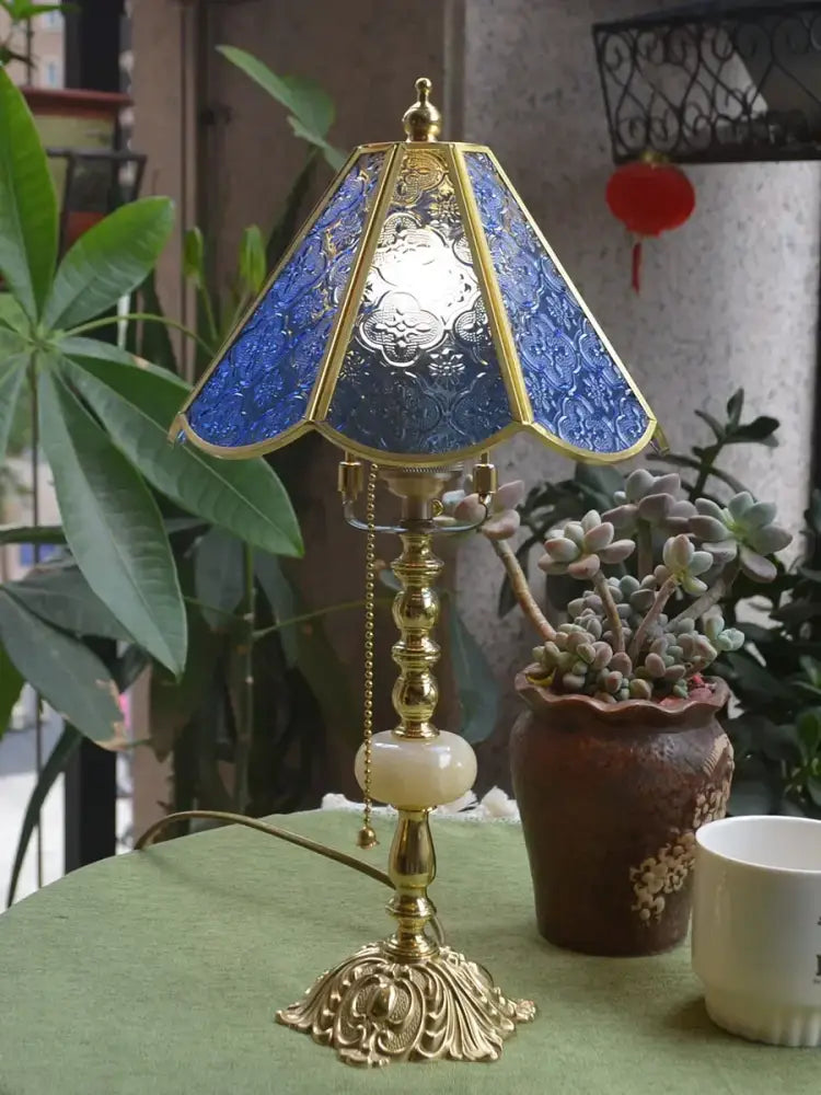 Blue stained glass desk lamp with gold trim and ornate brass base perfect as decorbites brass desk lamp decor