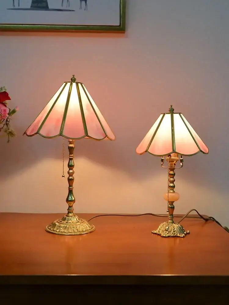 A pair of retro pink stained glass brass desk lamps with ornate bases ideal for vintage bedroom decorbites brass desk lamp