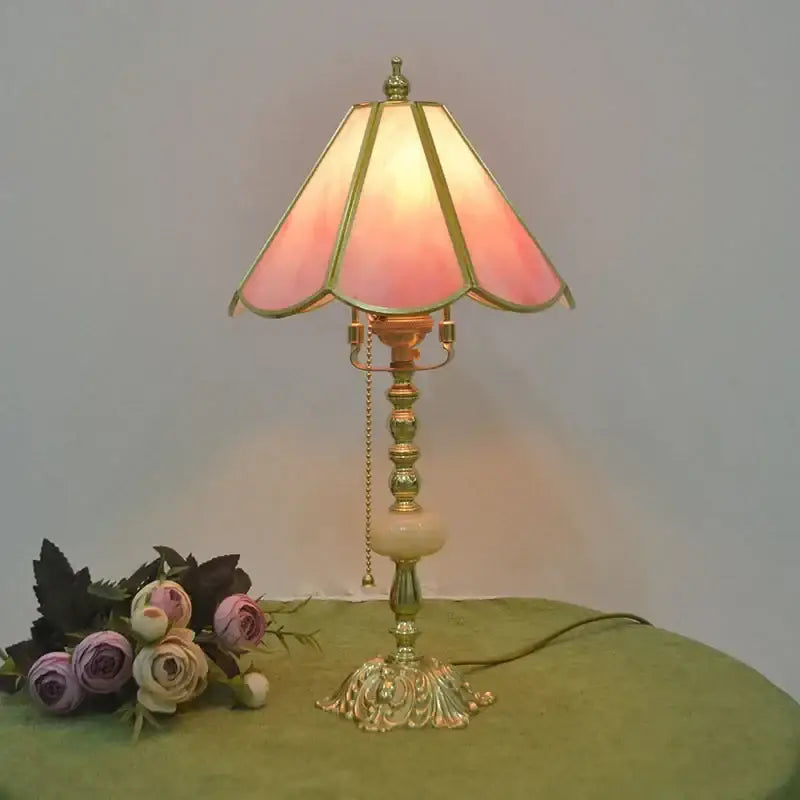 Vintage-style desk lamp with pink stained glass shade and decorbites brass desk ornate base for bedroom decor