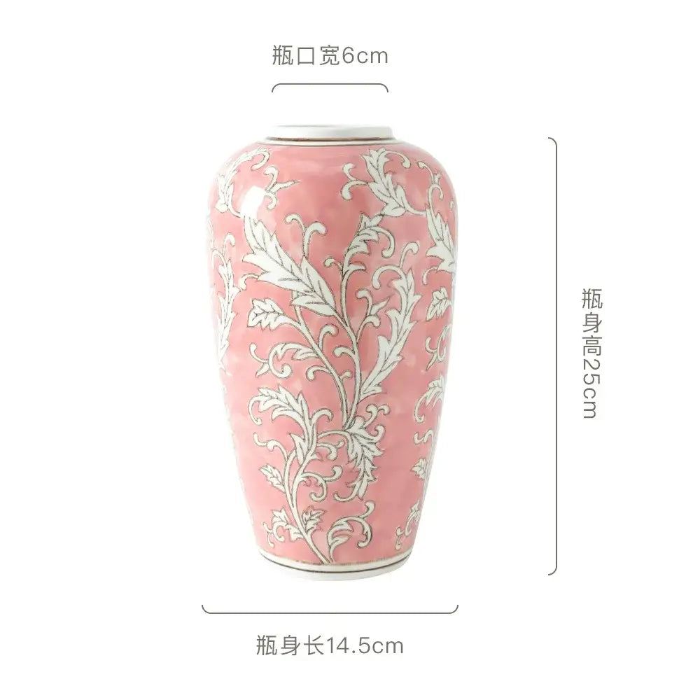 Retro pink and white porcelain vase with intricate floral patterns and glossy finish for living room decorbites blue white style