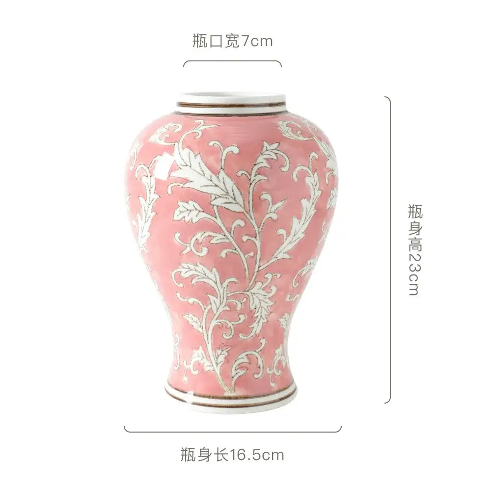 Retro pink and white porcelain vase with intricate floral patterns and gold trim for living room decorbites blue white decor