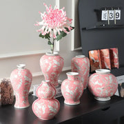 Retro pink and white porcelain vase with floral patterns and glossy finish for living room decorbites blue white style