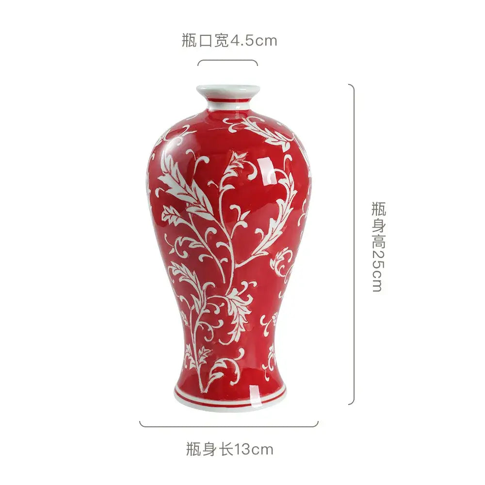 Glossy red ceramic vase with intricate white floral patterns and white rim for living room flower decorbites blue white style