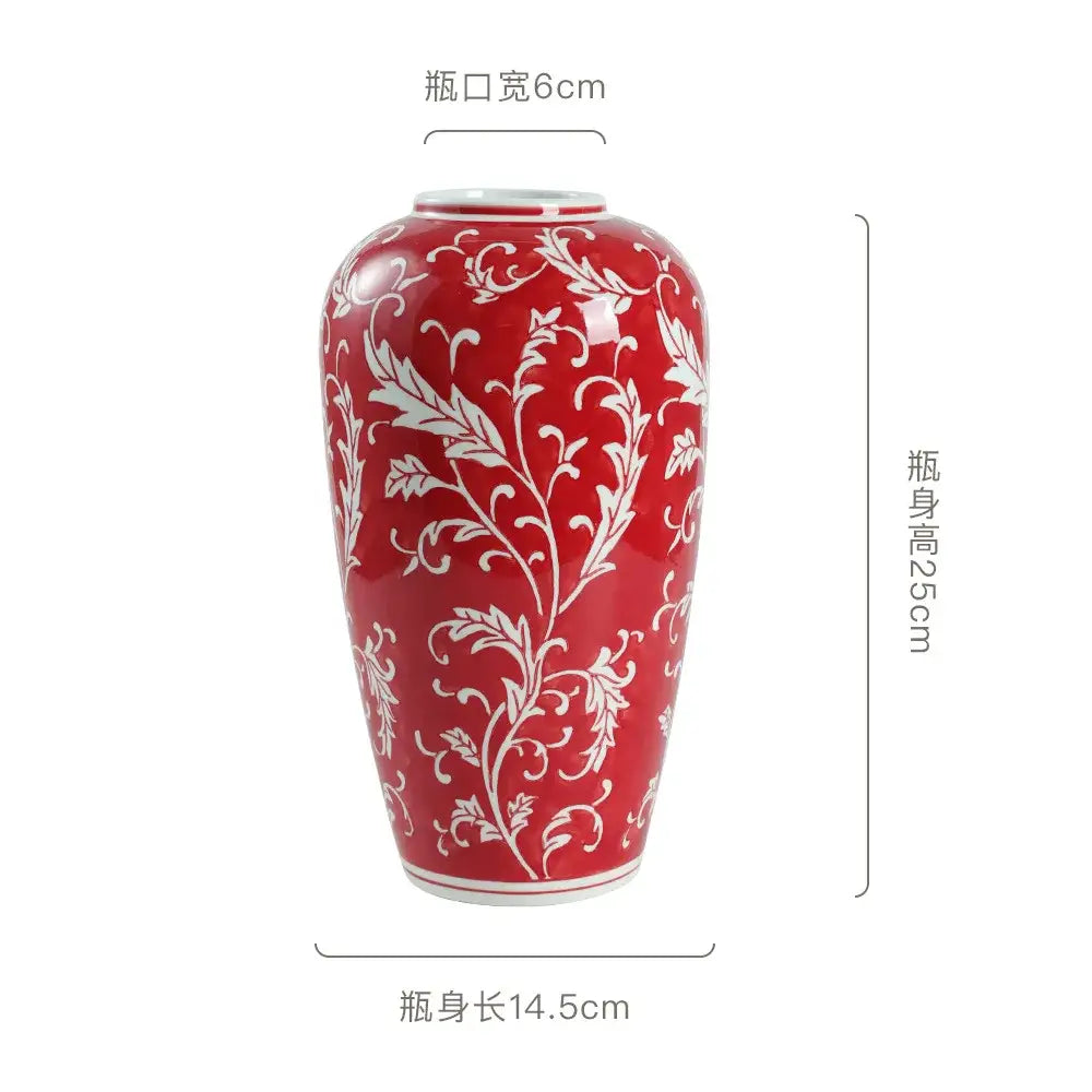 A glossy red ceramic vase with intricate white floral patterns for retro pink and white porcelain vase living room decorbites blue white use