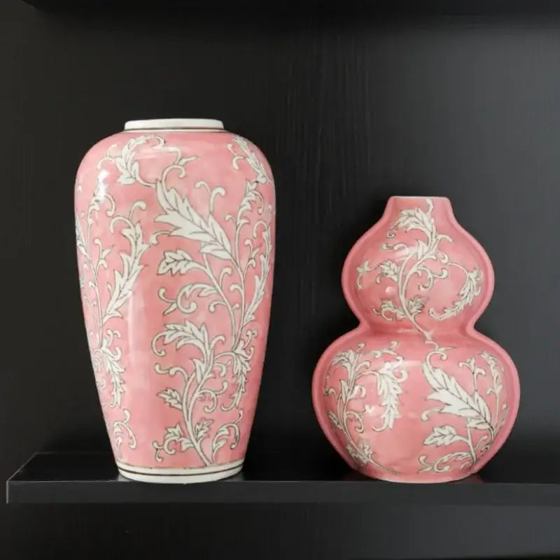 A pair of retro pink and white porcelain vases with floral patterns for living room decor by decorbites blue white porcelain