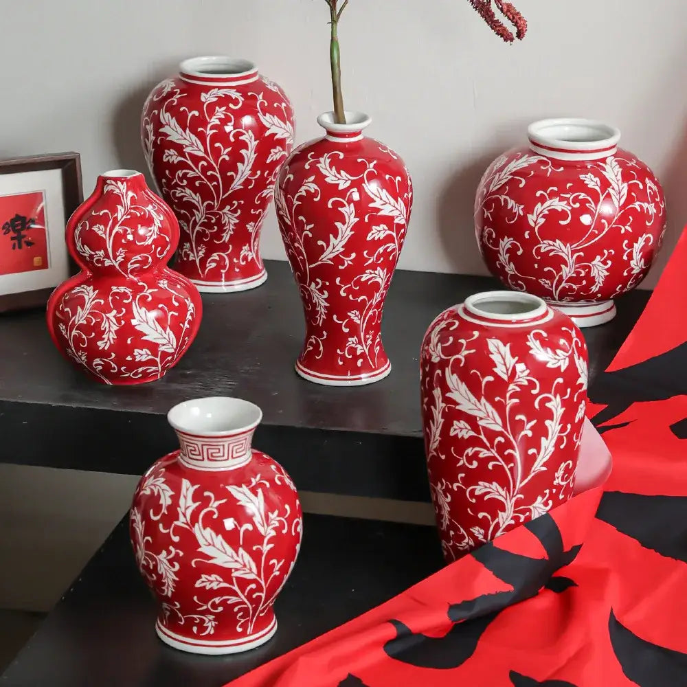 Red ceramic vases with white floral patterns and decorative rims for living room decorbites blue white porcelain style