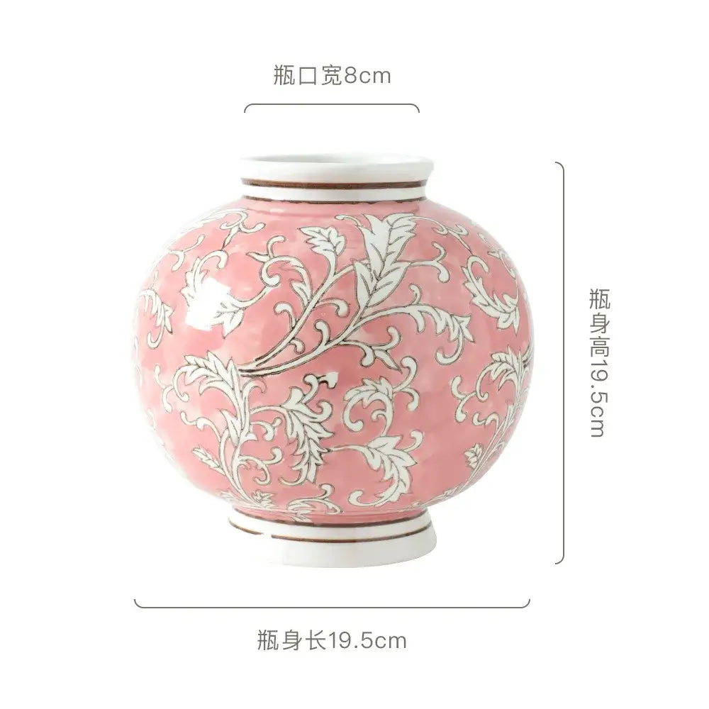 Retro pink and white porcelain vase with intricate floral patterns for living room decorbites blue white accents