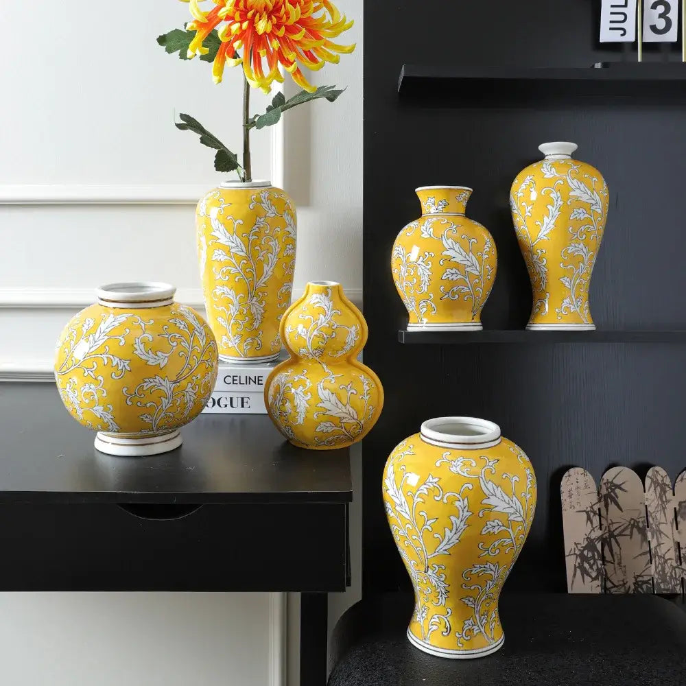 Set of five vibrant yellow ceramic vases with white porcelain vase floral patterns for living room decorbites blue white style
