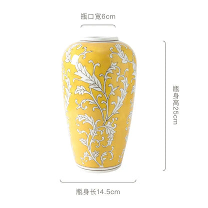 A tall glossy yellow ceramic vase with intricate white floral patterns for living room decorbites blue white style