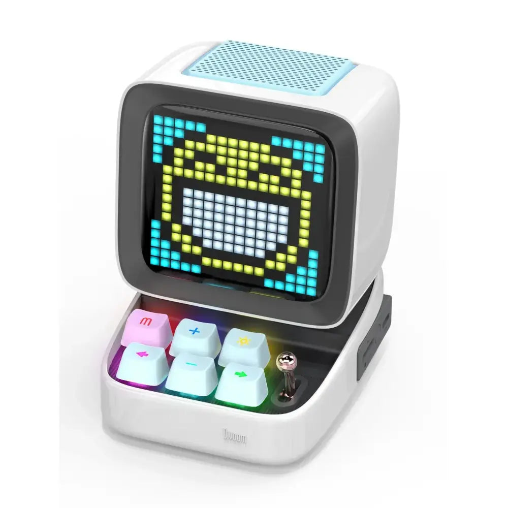 White boomy retro pixel art digital music player with led display board and pastel keys for bedroom use