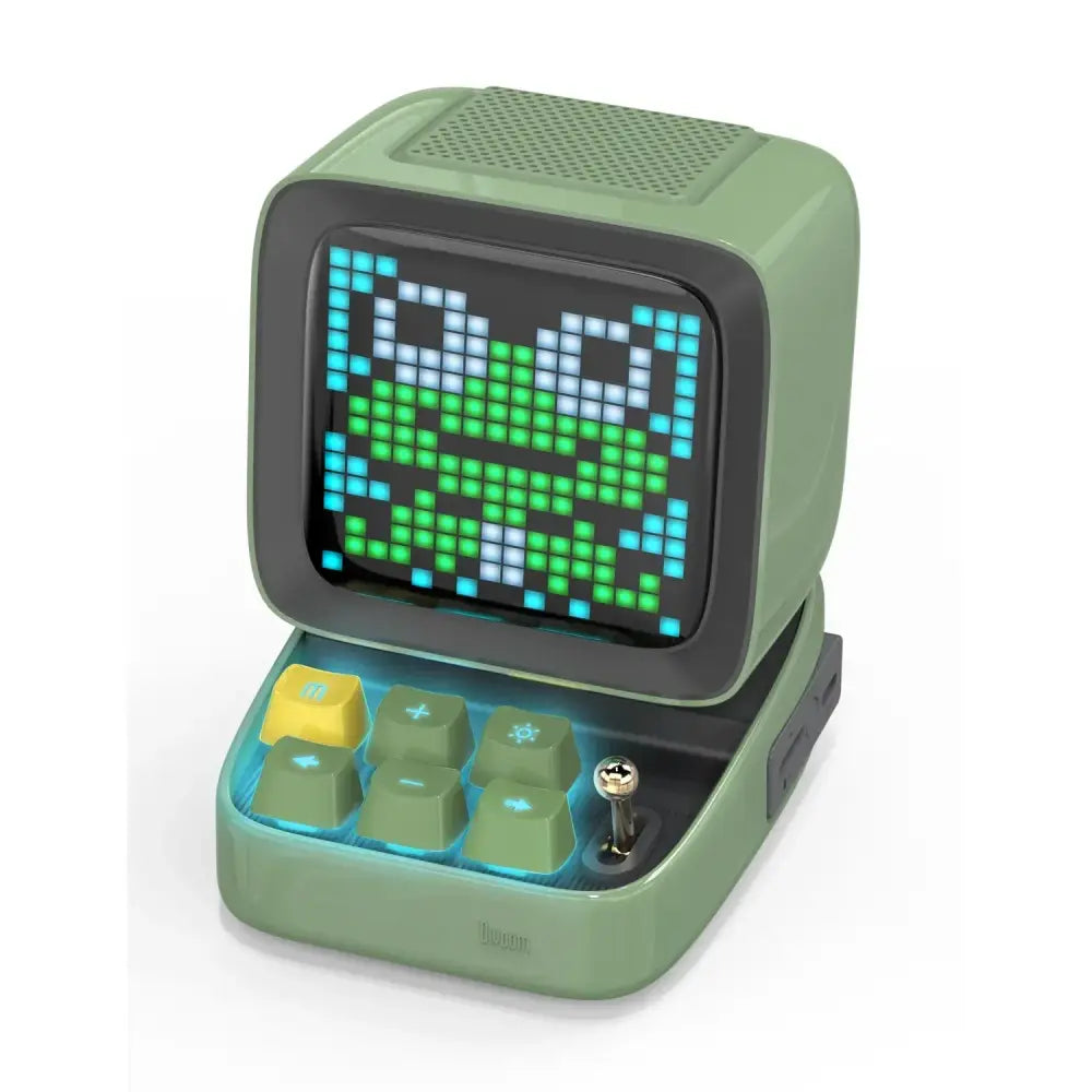 Olive-green retro pixel art digital music player with led display board showing a frog and tactile joystick keys