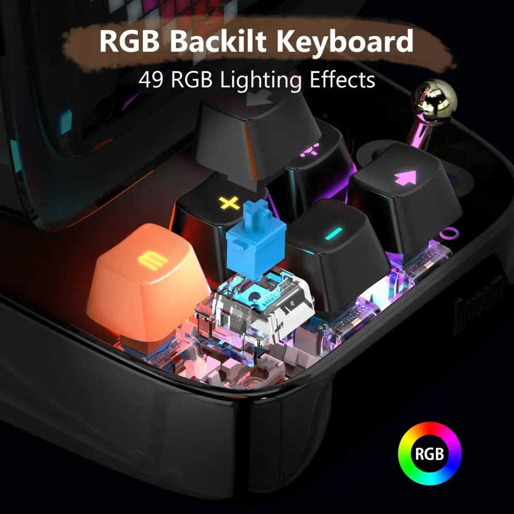 Black mechanical keyboard with rgb backlighting and colorful keys paired with retro pixel art led display board speaker