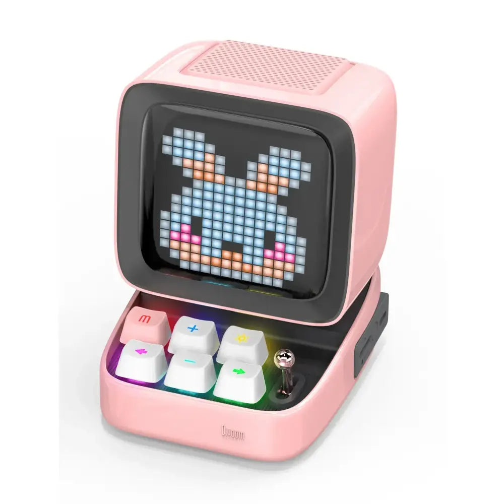 Pink retro pixel art bluetooth speaker with led display board featuring a pixelated bunny and colorful illuminated keys
