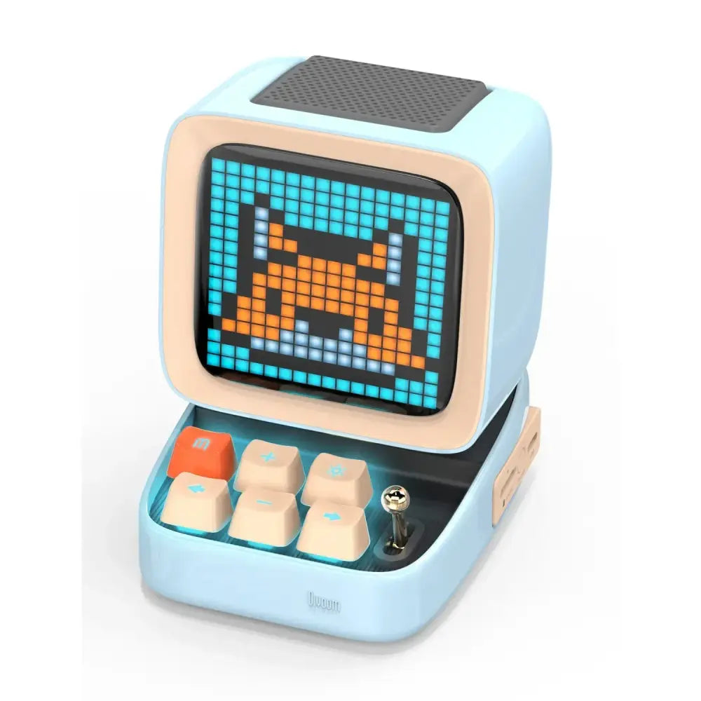 Light blue retro pixel art bluetooth speaker shaped like a computer with led display board and beige keys for bedroom use