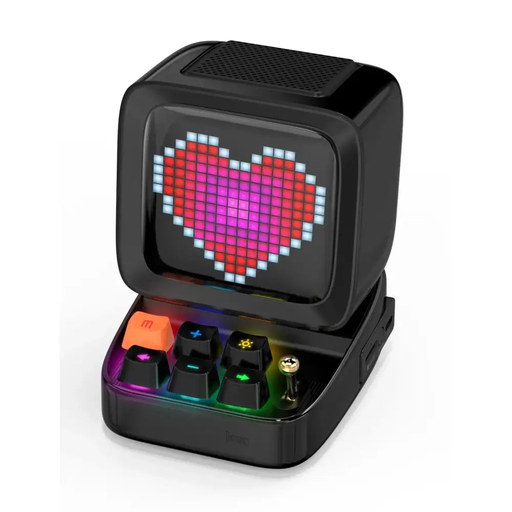 Black retro pixel art bluetooth speaker with led display board showing colorful heart and rainbow-lit keyboard keys
