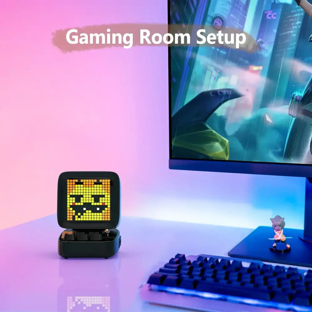 Black rectangular led display board with retro pixel art yellow tiger face bluetooth speaker for bedroom use