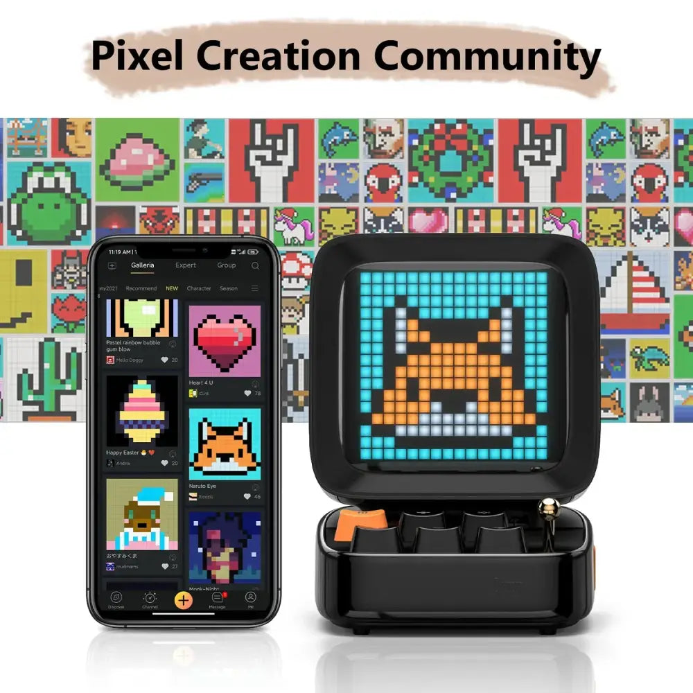 Retro pixel art black bluetooth speaker led display board featuring a glowing orange fox design for bedroom use