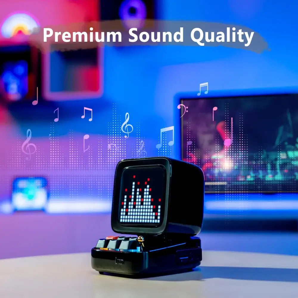Retro pixel art black bluetooth speaker with led display board showing red audio waveforms and physical buttons below