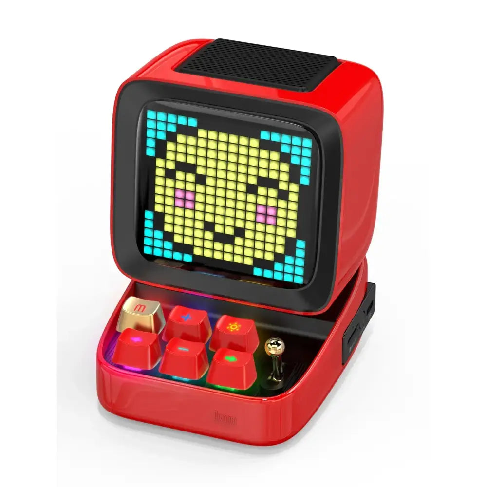 Red retro pixel art bluetooth speaker with led display board and colorful keys for bedroom use