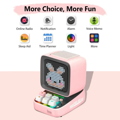 Pink retro-style digital music player with pixelated rabbit led display board and colorful keyboard keys for bedroom use